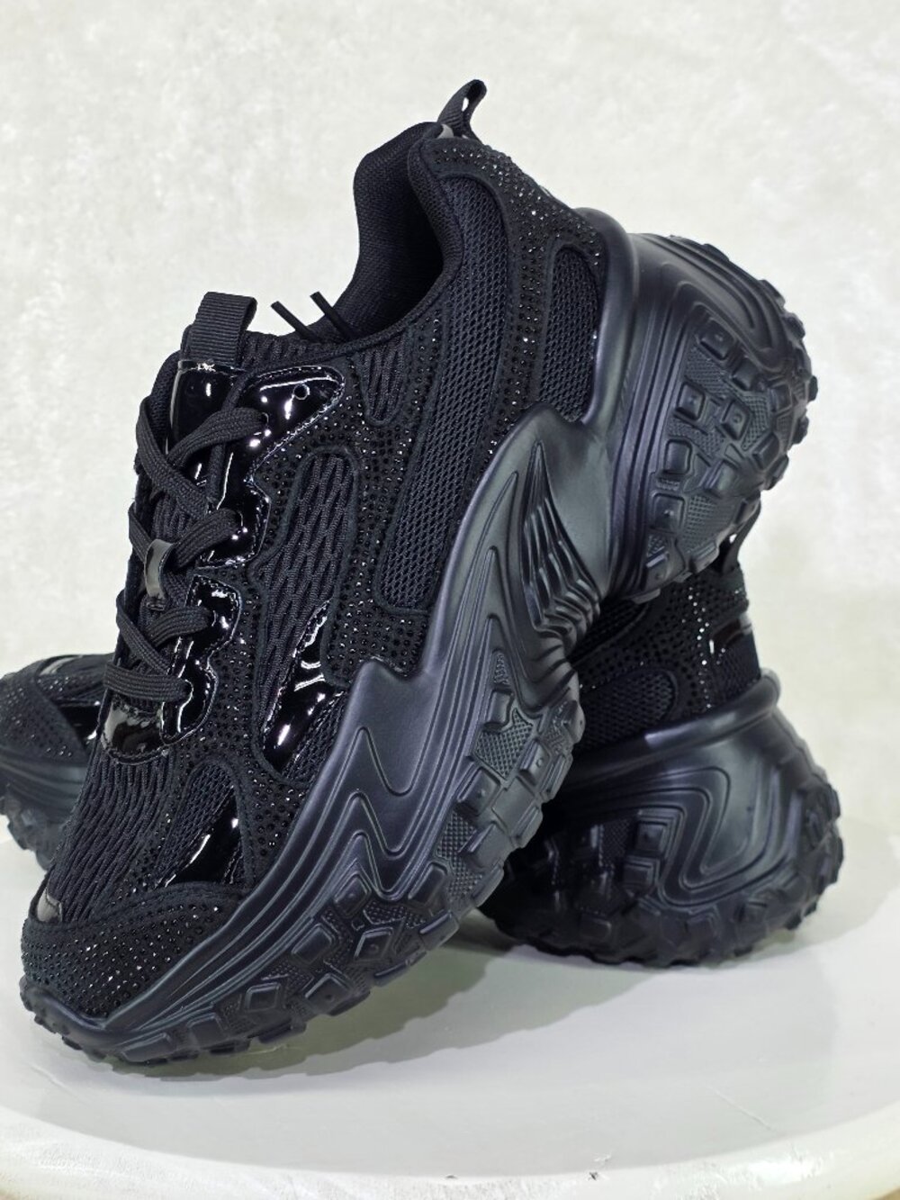 Danielle - 1.5" Platform Lace up Sneakers with Black Rhinestones